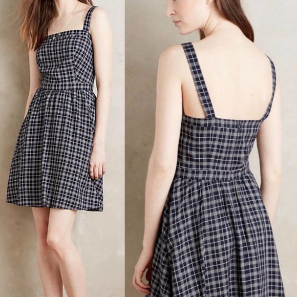 Anthropologie Paper Crown Topeka Navy Blue Plaid Jumper Dress S $178 - Picture 1 of 10